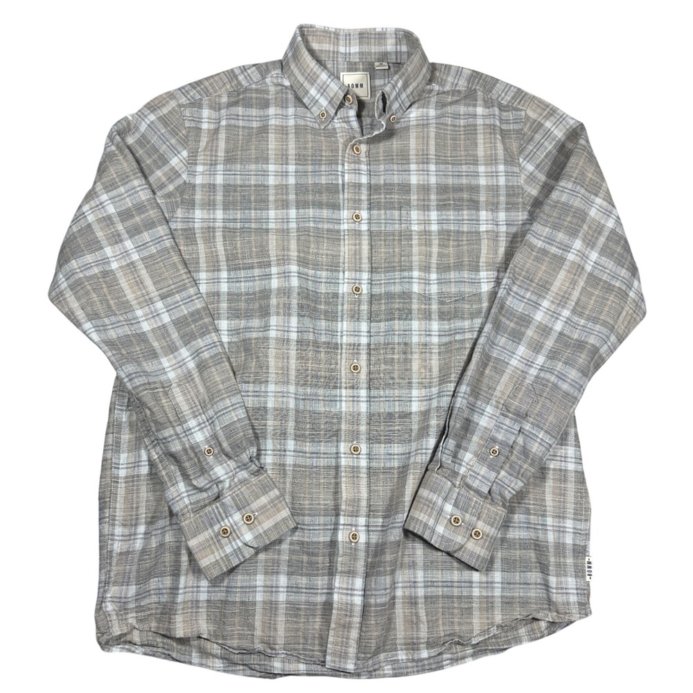 ROWM Mens Medium Plaid Button Down Shirt Grey Tan Blue 100% Cotton Long Sleeve